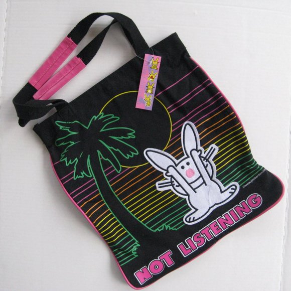 It's Happy Bunny Tote Bag Not Listening Vtg Y2K Tropical Stripes New Old Stock - Picture 1 of 8